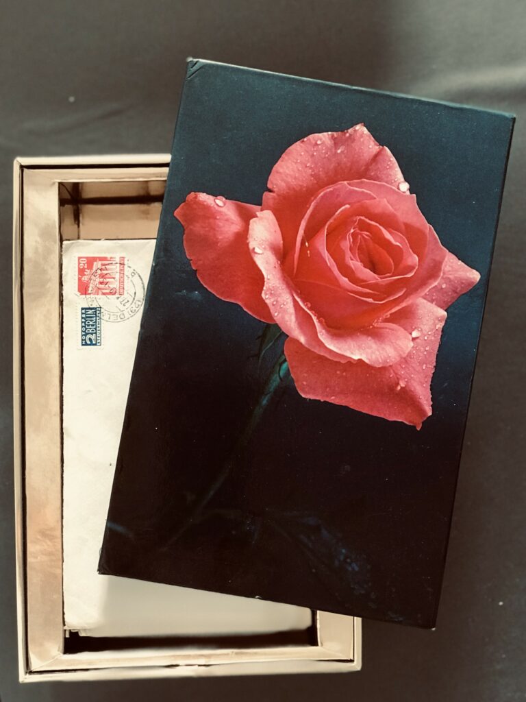 Box mit Liebesbriefen und Rose auf dem Deckel