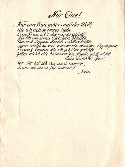 handgeschriebenes Liebesgedicht mit dem Titel 'Nur Eine!'